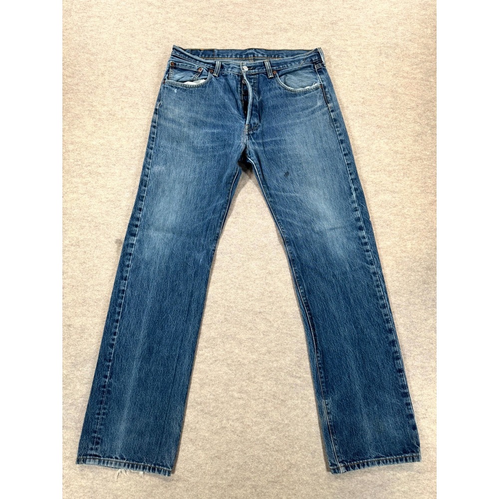 Levis Jeans Mens 34x33 Blue Whisker Denim Cotton Straight Leg Mid Rise Dark Wash